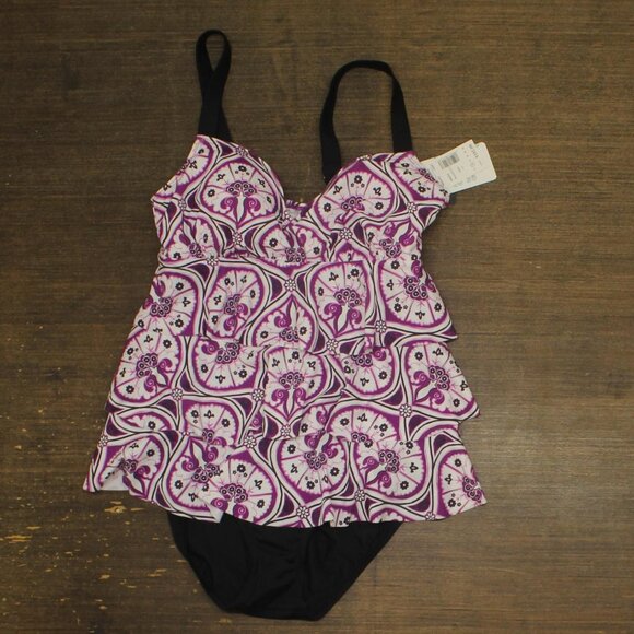 NWT Swim Solutions Printed Tiered Fauxkini One Piece Swimsuit Magenta Purple 10 - Picture 4 of 8
